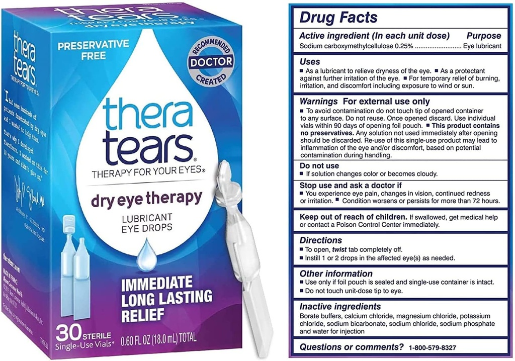 TheraTears droge oogtherapie Smeer Oogdruppels voor droge ogen, conserveringsvrije oogdruppels, 30 flacons voor eenmalig gebruik (3 verpakkingen)