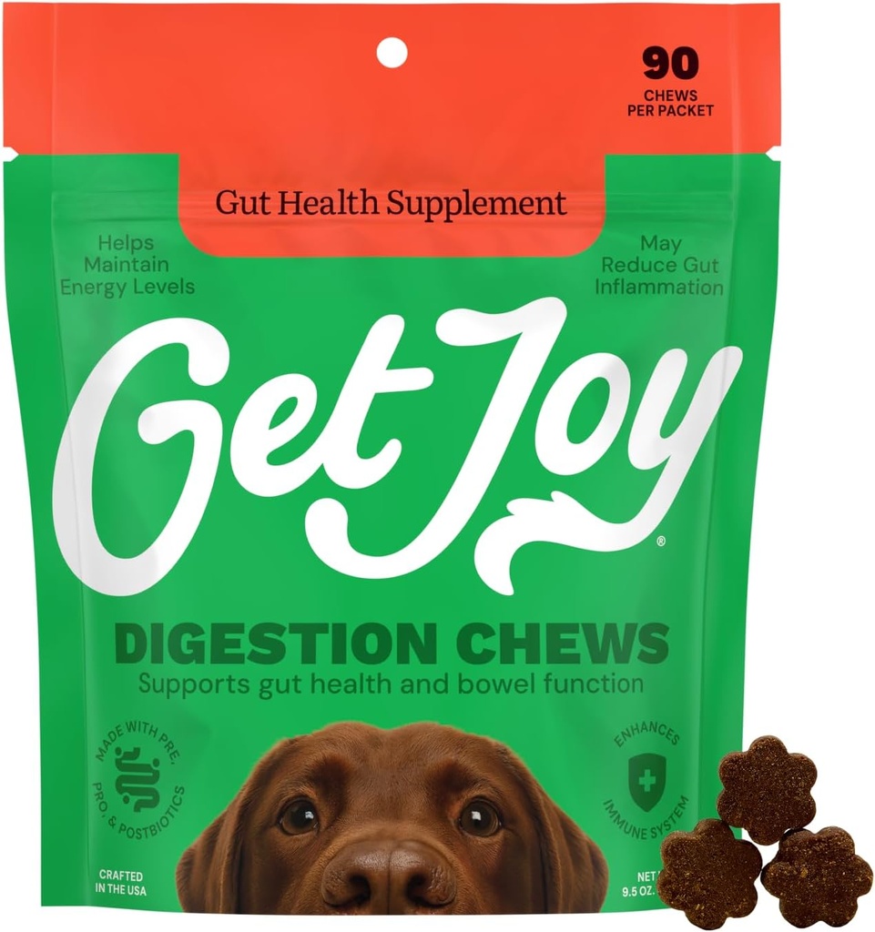 Get Joy Digestie Kauwen, Gut Health Supplement voor honden, Vet Aanbevolen Zachte Dagelijkse Digestieve Gezondheid & Immune Ondersteuning met Prebiotica, Probiotica & Postbiotica, Made in USA, 90 Tellen