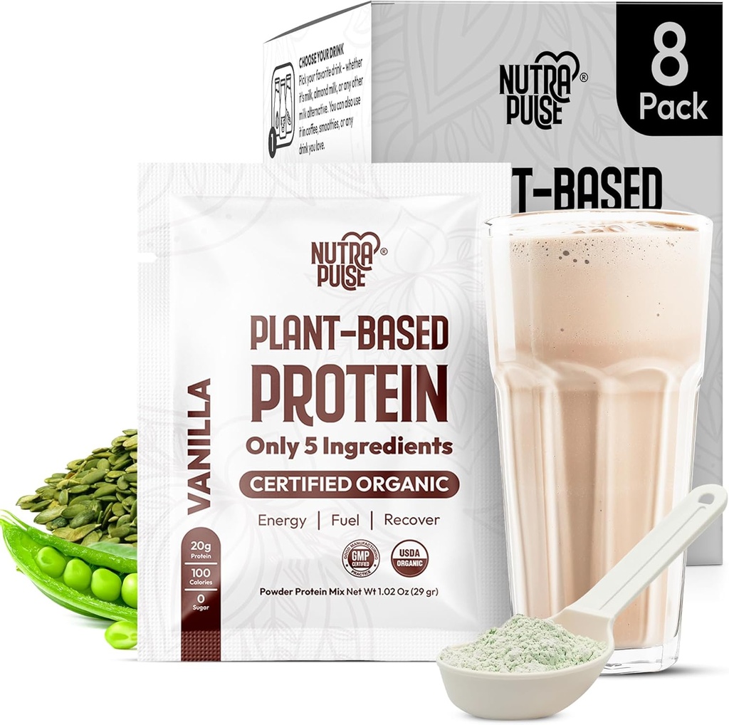 Paquet d'échantillons de poudre de protéines végétales organiques - Protéines végétales, sans gluten, non OGM, 20g de protéines par portion, idéal pour les smoothies et les shakes (Vanilla, paquet de 8)