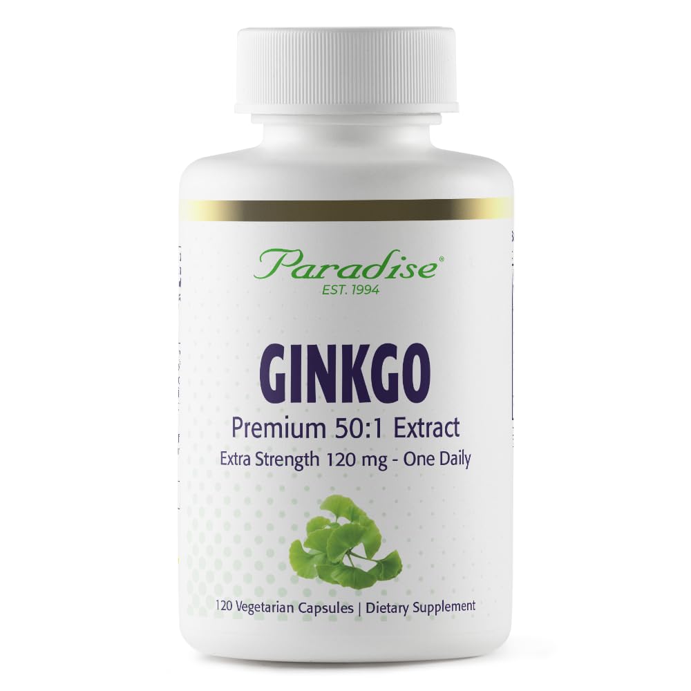 Paradijs Kruiden Ginkgo Biloba Extract, Super Potent, Ultra Pure, Veganistisch, Niet GGO, Glutenvrij, 120 Vegetarische Capsules
