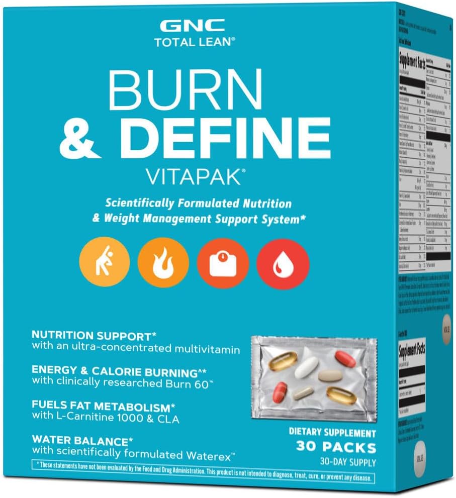 GNC Total Lean Burn et Définissez le programme VitaPak pour les hommes et les femmes, paquet 5-en-1 pour l'énergie, la gestion du poids, la combustion de calories, la santé immunitaire, l'équilibre hydrique, 30 portions