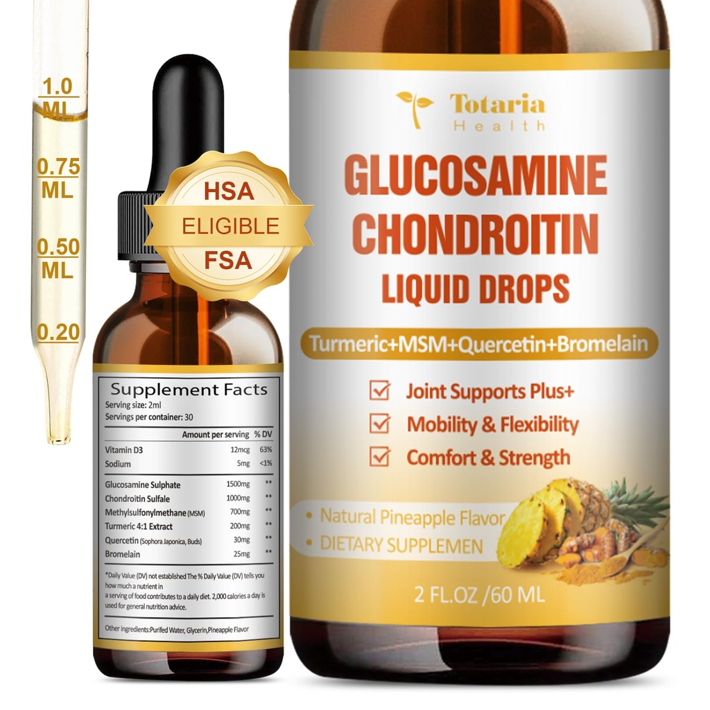 Glucosamine Chondroitin MSM Liquid Drops FSA-HSA - Joint Support Supplement for Mobility, Flexibiliteit & Bones Chondroitin Sulfate Supplement Turmeric, Quercetin, Bromelain, MSM Oil 2 FL.OZ
