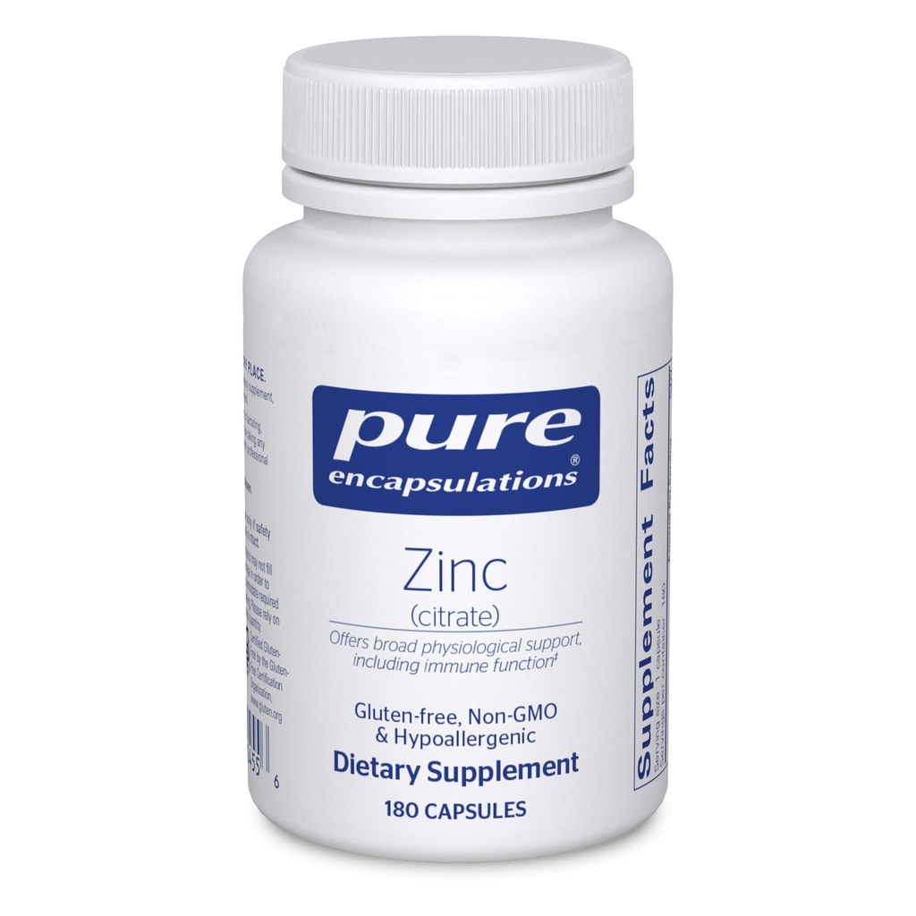 Pure Encapsulations Zink (Citraat) - for Immune System, Tissue Development & Metabolisme* - Mineral Supplement with Enzymes - Highly Absorbable Zink - Vegan & Non-GMO - 180 Capsules