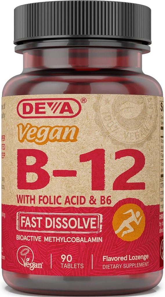 Deva Vegan Vitamine B12 Fast Solution Supplement - Once-Per-Day Complex met 1000 Mcg Methylcobalamine B12, Foliumzuur, B6 - Citroensmaak - 90 Oplosbare tabletten, 1-pack