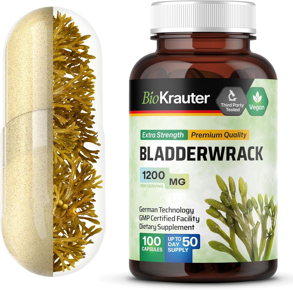 Bladderwrack Capsules 1200 mg - 100 Telling - Formula from Natural Marine Source of Jodium - Vegan Bladderwrack Powder Caps