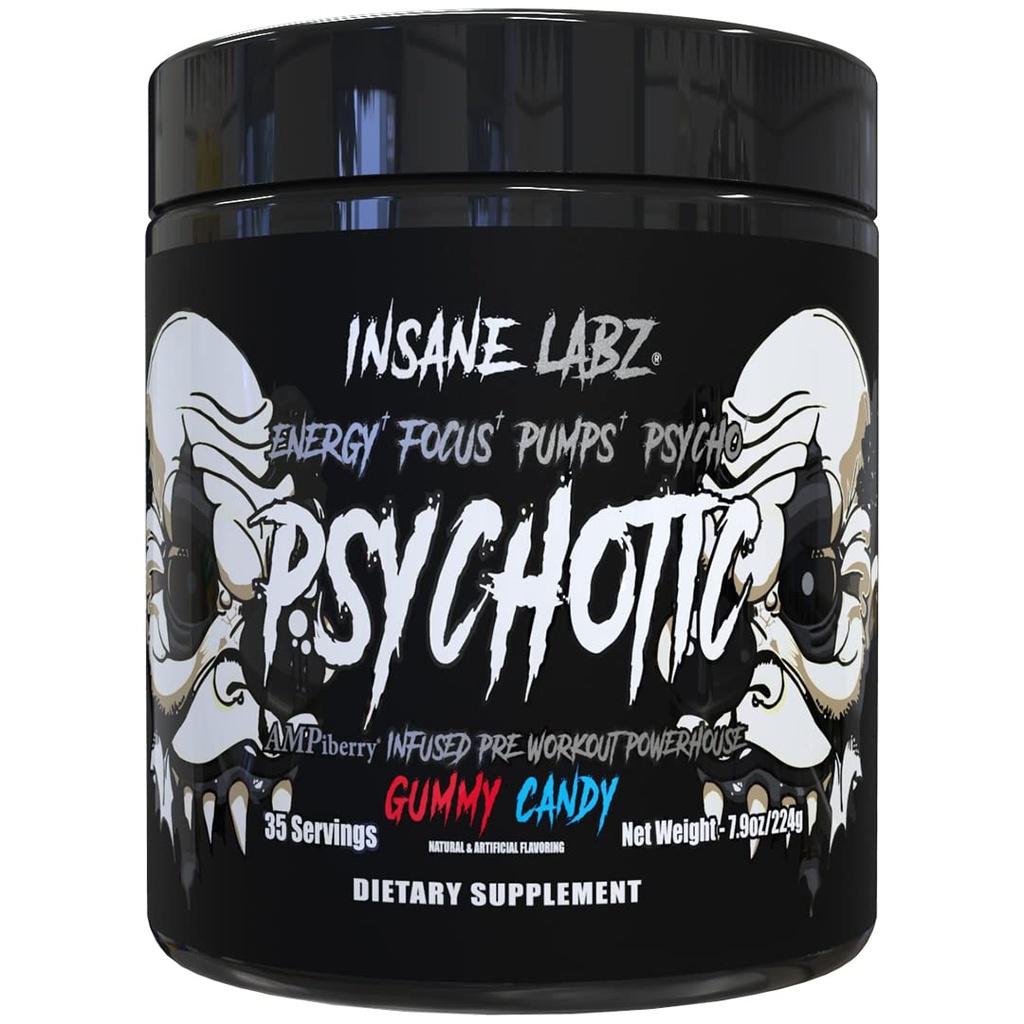Insane Labz Psychotic Black Edition Mid Stimulant Pre Workout Powder, Energy Focus Pumps, geladen met Creatine Beta Alanine Taurine Gevoed door AMPiberry, 35 Servings (Gummy Candy)