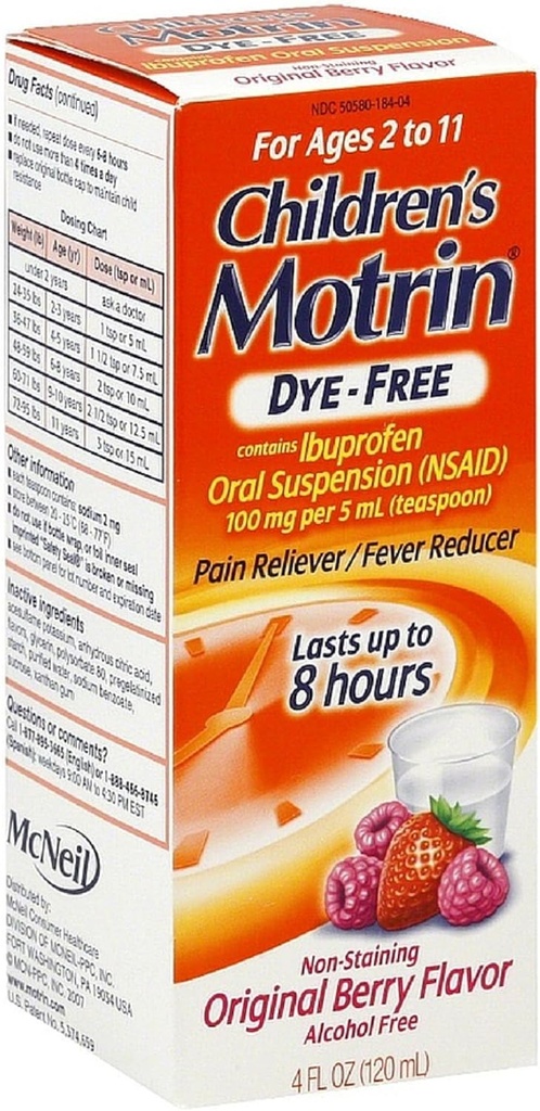 Motrin Children's Dye-Free Pain Reliver/Fever Reducer, Original Berry Flavor 4 oz (12 Pack)
