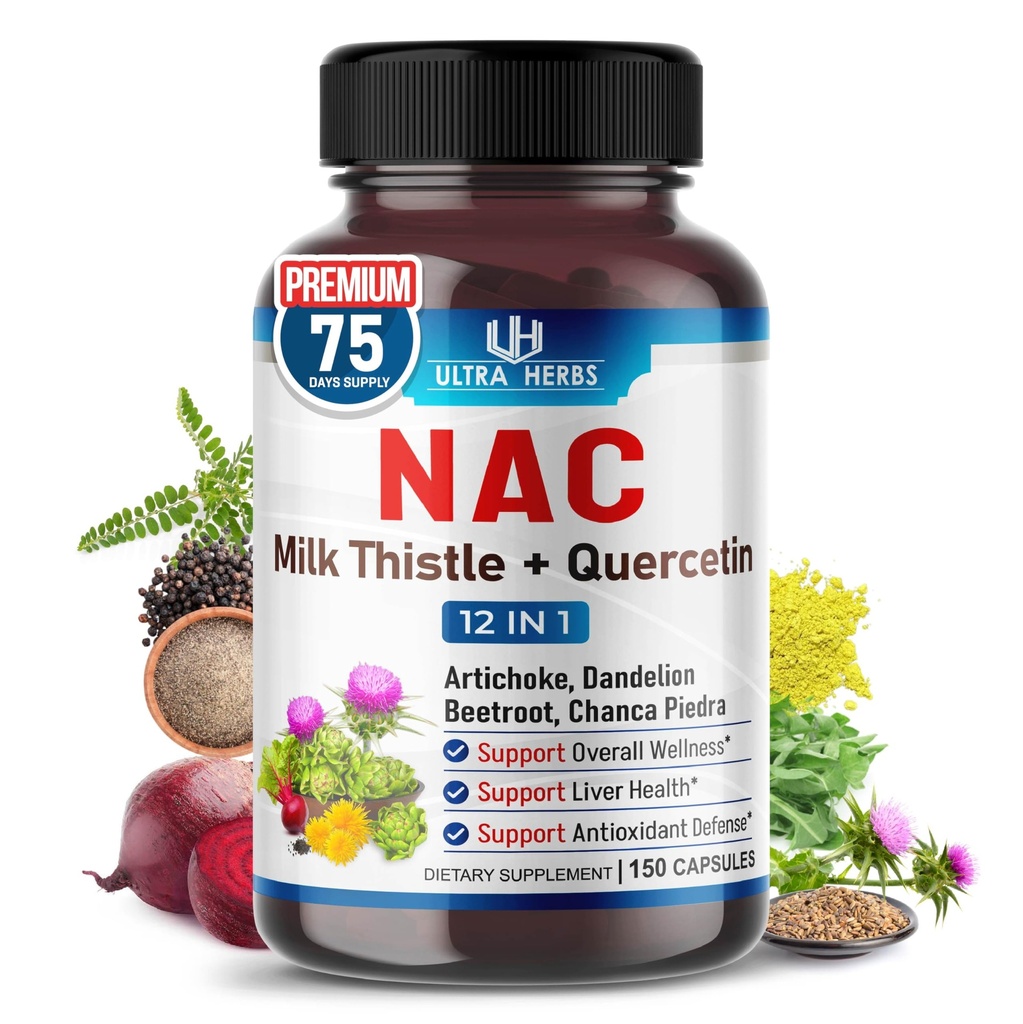 NAC Supplement N-Aetyl Cysteine Verrijkt met melkdistel, quercetine - Ondersteuning Immuniteit, Ademhaling Gezondheid & lever Detox 
