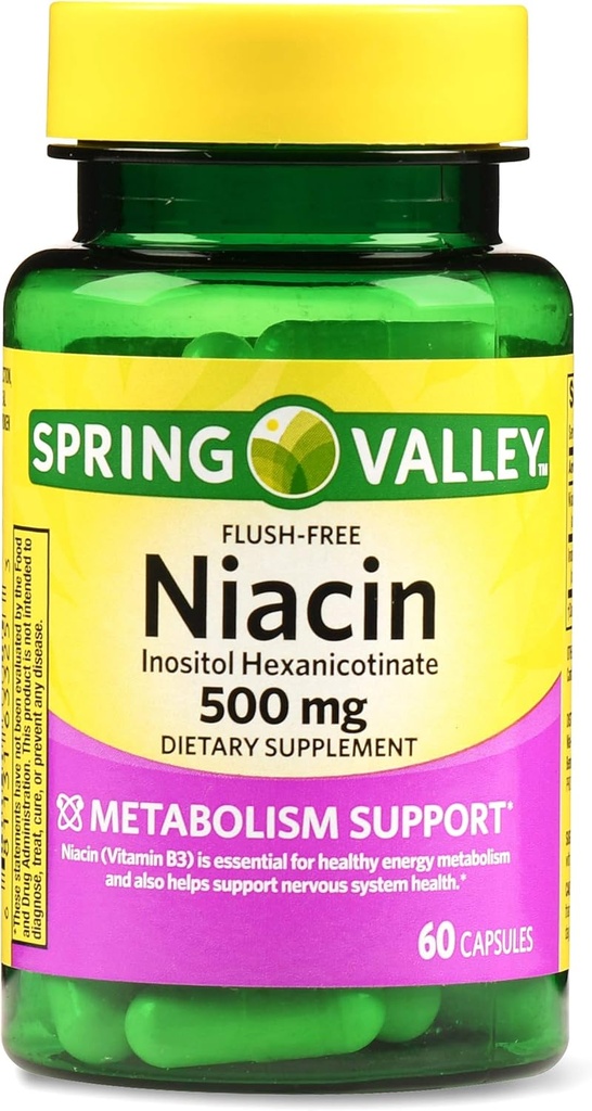 Spring Valley Zonder flush Niacin 500 mg Metabolisme Ondersteuning, 60 capsules (verpakking van 2)