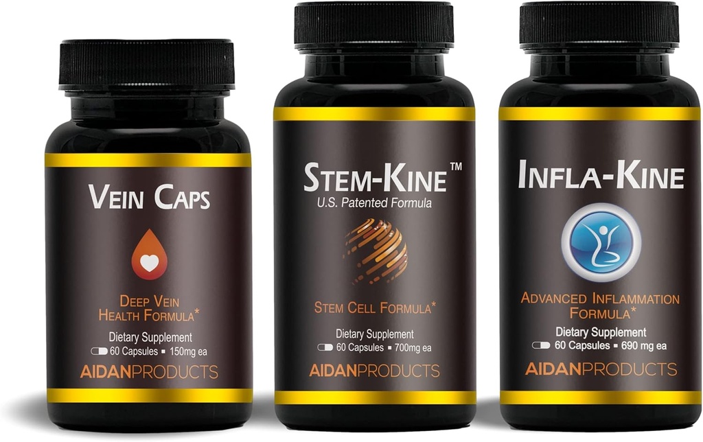 Supplément de soutien au vieillissement avec bouchons Stem-Kine, Infla-Kine et Vein, pour soutenir le vieillissement en santé, la santé cellulaire, la santé de la veine et les articulations saines, 60 capsules