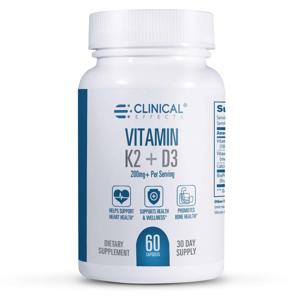 Klinische effecten Vitamine K2 + D3 - K2 + D3 Vitaminesupplement met Bioperine Black Pepper Extract en Calcium voor Bone and Heart Health Ondersteuning - 60 capsules - Max Absorptie - Made in The USA
