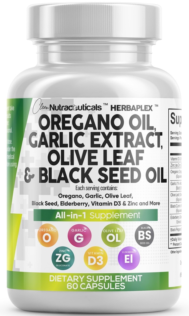 Clean Nutra Oregano Oil with Black Seed Oil Knoflook Olive Leaf Extract - Oil of Oregano Capsules Immune Support Carvacrol & Thymochinon Supplement for Women and Men + Vlierberry Vitamine D3 & Zink