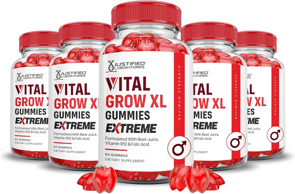 Laboratoires justifiés (5 Pack) Vital Grow XL Extreme 2000MG Performance Gummies Formule avancée Formulée avec ACV Pomegranate Beet Juice Powder B12 Vegan Non GMO 300 Gummys