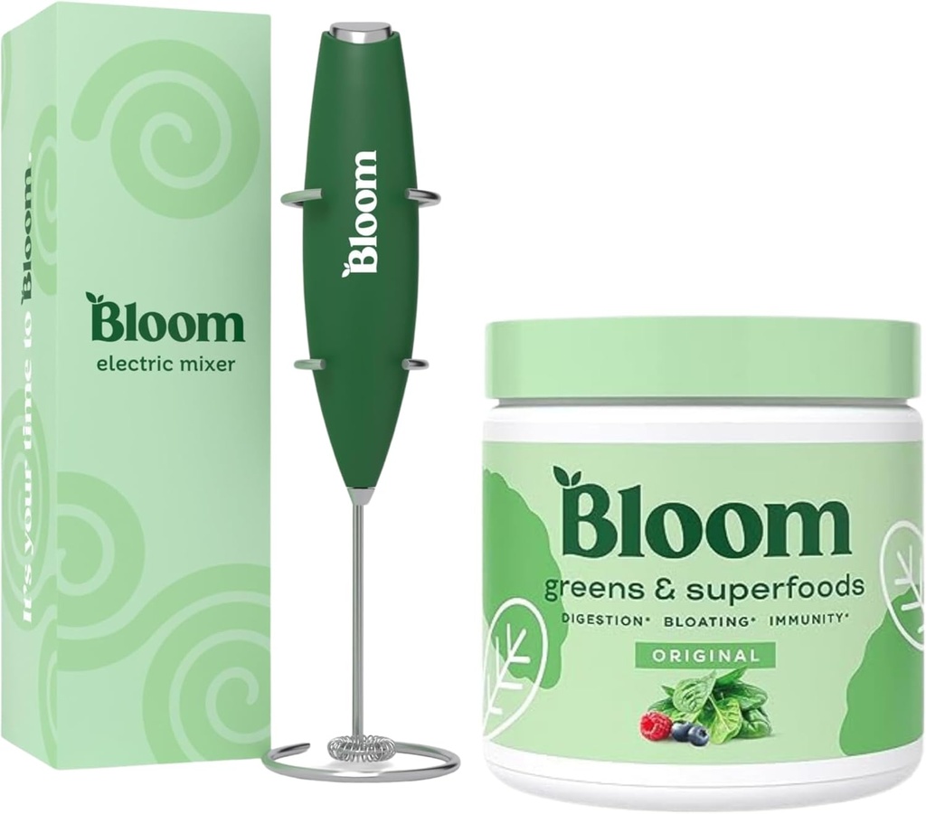 Bloom Nutrition Superfood Greens Powder, Digestieve Enzymen met Probiotica en Prebiotica, Gut Health, Bloating Relief, Original + Milk Frother High Powered Hand Mixer