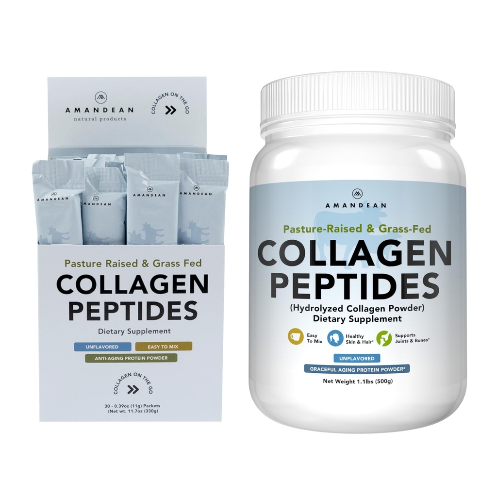 AMANDEAN Collagen Peptides Bundle. 1kg & Stick Packs. Gras-Fed, Enzymatisch Gehydrolyseerd, Type 1 & 3. Eiwit met 18 Aminozuren voor gezonde huid, haar, nagels. Gemakkelijk te mengen, ongearomatiseerd, niet-GMO