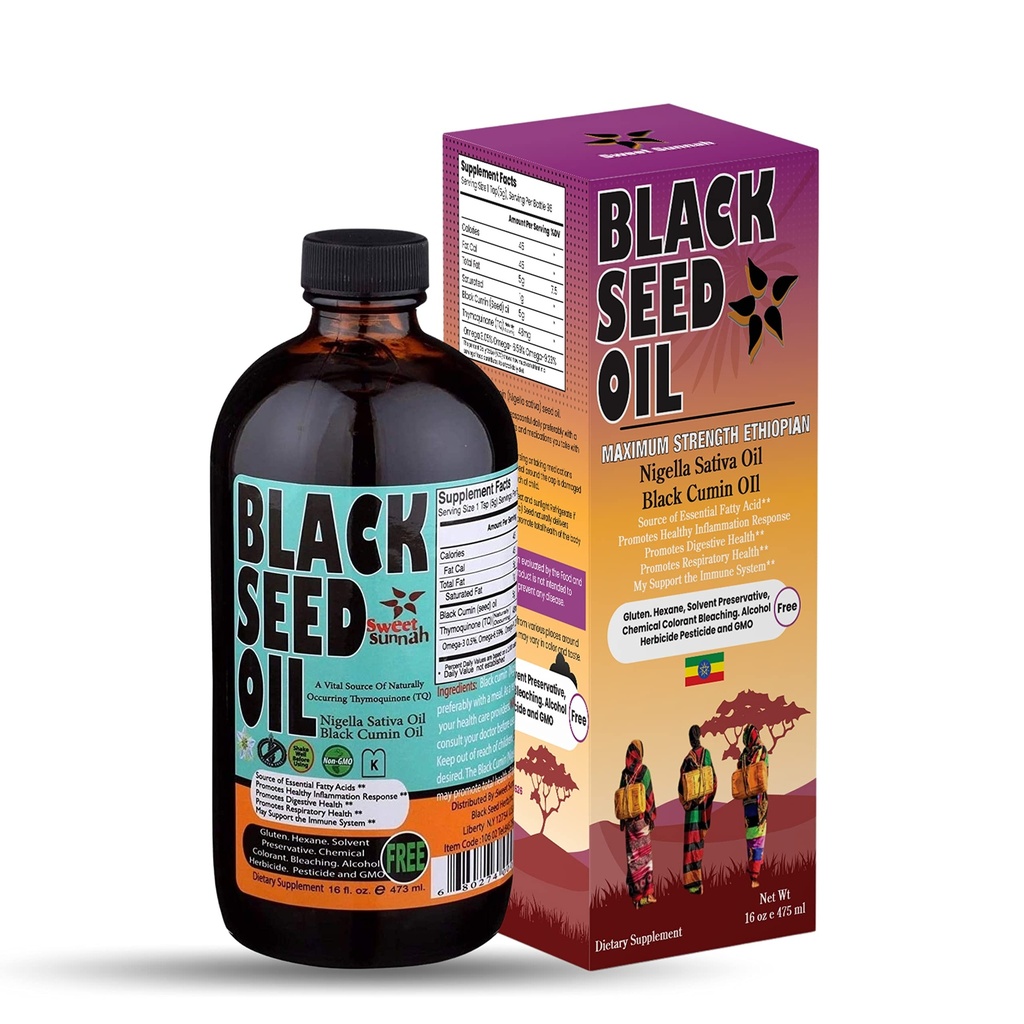 Ethiopian Black Seed Oil - 3.43% Thymoquinone Cold-Pressed Black Cumin Seed from Pure Nigella Sativa - First Pressing Blackseed Non-GMO Improved - 16 Oz Glass Bottle Sweet Sunnah