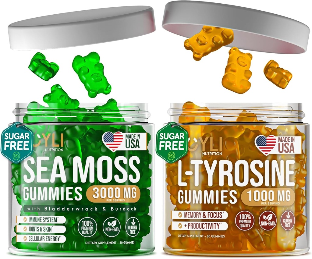 Irish Sea Moss & L-Tyrosine Gummies - L Tyrosine Supplement, Sea Moss Gummies for Adults, Kids - Focus Gummies, Irish Sea mos Bladderwrack Burdock Root - 60 L-Tyrosine, 60 Irish Sea Moss Gummies