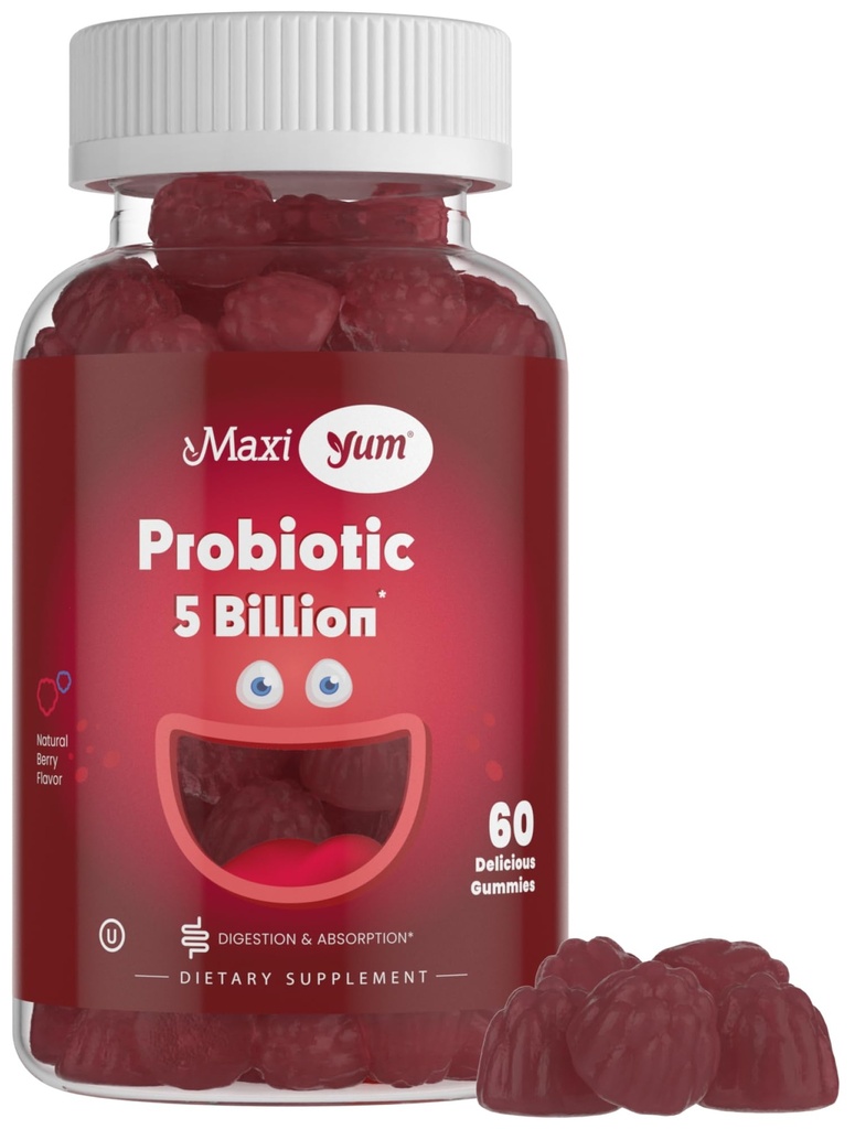 Maxi Health Yum, Probiotic Gummies met 5 miljard CFUs van de spijsvertering van de gezondheid Probiotica, Kosher Certified Natural Berry Flavor Gut Health Kauwgom supplementen voor mannen & vrouwen, 60 Gummies