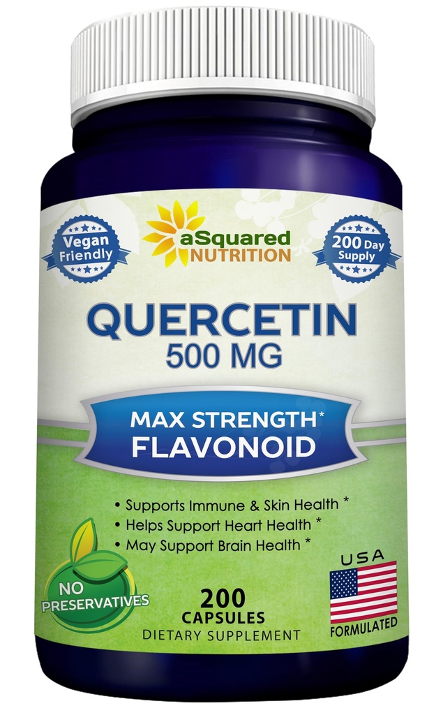 aSquared Nutrition Quercetin 500mg Supplement - 200 Capsules - Quercetine Dihydraat ter ondersteuning van de cardiovasculaire gezondheid - Max Sterkte poeder complexe pillen om te helpen verbeteren Immuunrespons