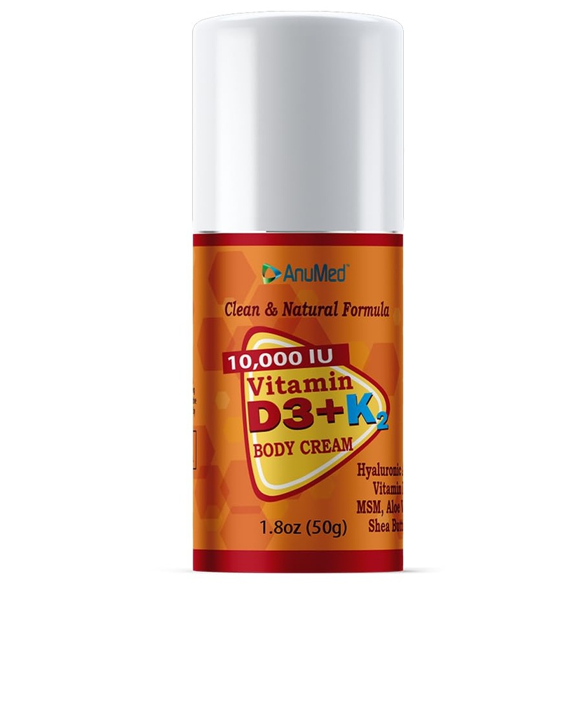 ANUMED - Vitamine D3 met K2 10000 IE Cream + Magnesium + Hyaluronzuur + Vitamine E. Bevordert sterkere botten, spieren, gewrichten. Maximale Calcium Absorptie, Reisgrootte (1.80z) (Verpakking mei Vary)