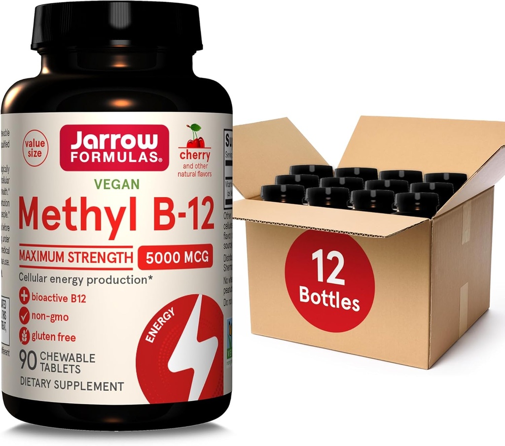 Jarrow Formules Maximale sterkte Methyl B-12 5000 mcg Dieetsupplement - 90 Cherry Kauwtabletten - Bioactieve Vitamine B-12 - Ondersteunt Cellular Energy Production, Slaap & Hersengezondheid (Pack van 12)