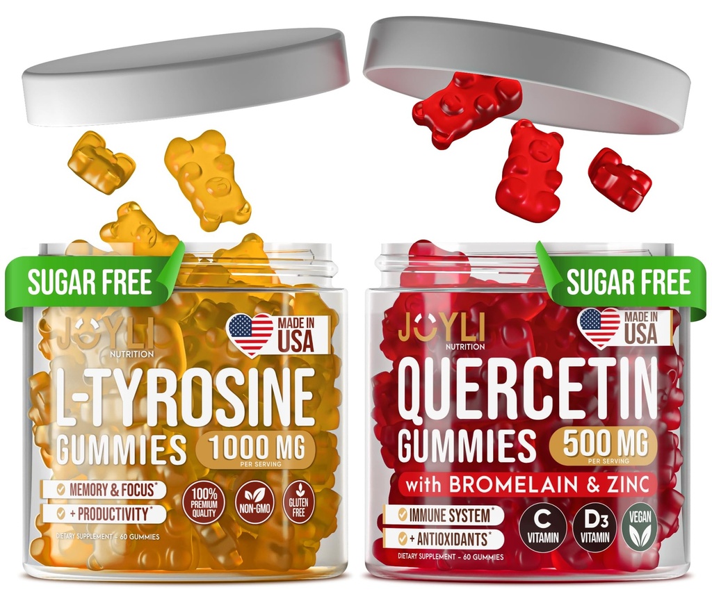 L-tyrosine Gummies + Quercetine Gummies - L Tyrosine Supplement, Quercetine met vitamine C - Focus Gummies en Immune Support Gummies - 60 L-tyrosine voor kinderen Gummies, 60 Quercetine met zink Gummies
