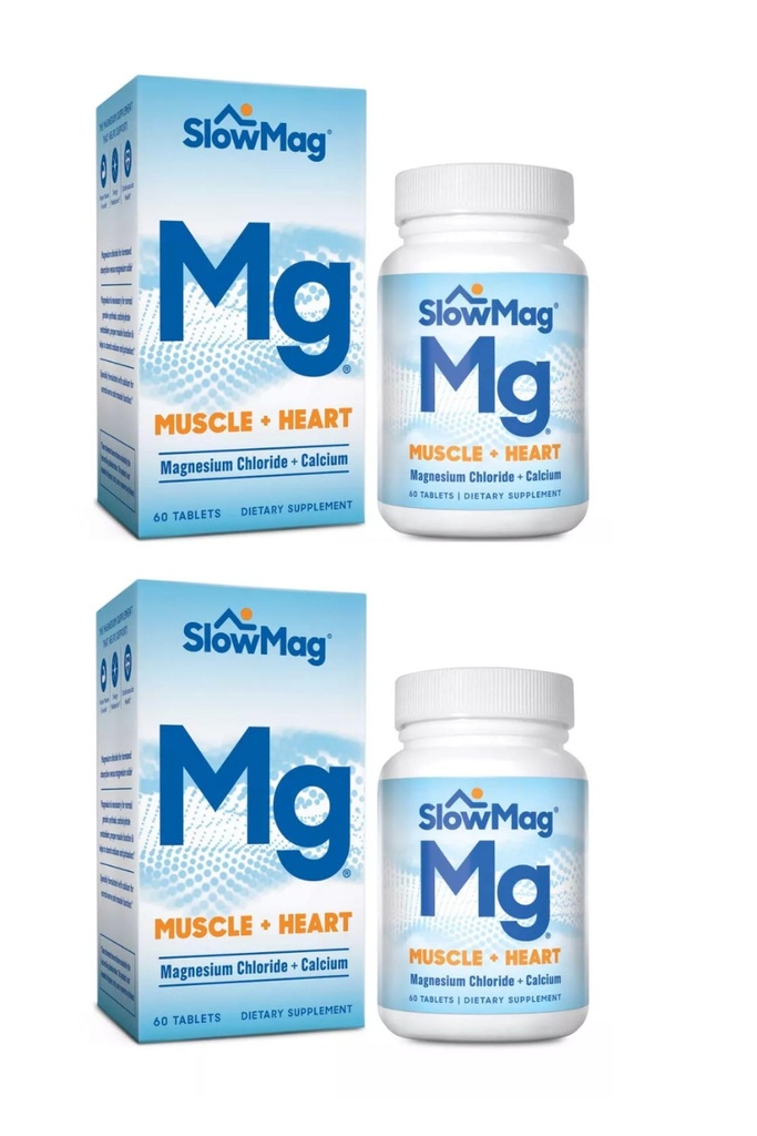 SlowMag Mg Muscle + Heart, ondersteunt spierontspanning en hartgezondheid. Magnesiumchloride + Calcium, Slow-Release tabletten, Makkelijk te absorberen en zacht op de maag. Aantal (verpakking 2)