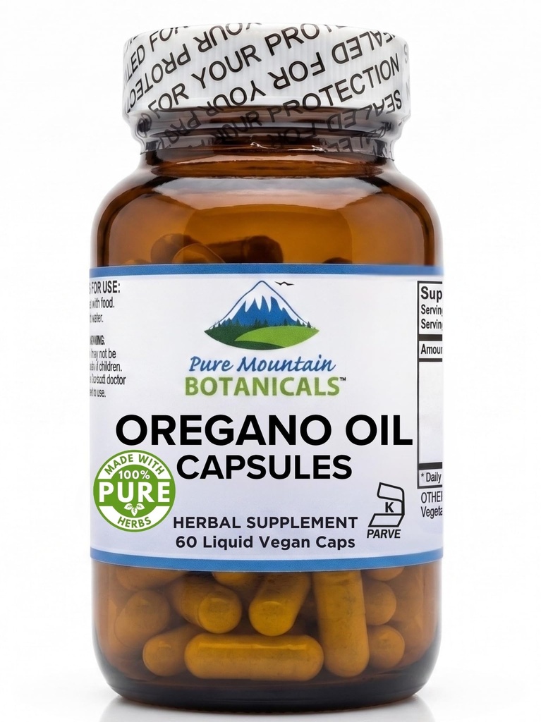 Pure Mountain Botanicals Wild Oregano Oil Capsules - 60 Kosher Vegan Caps Nu met 510mg mediterrane olie van Oregano supplement