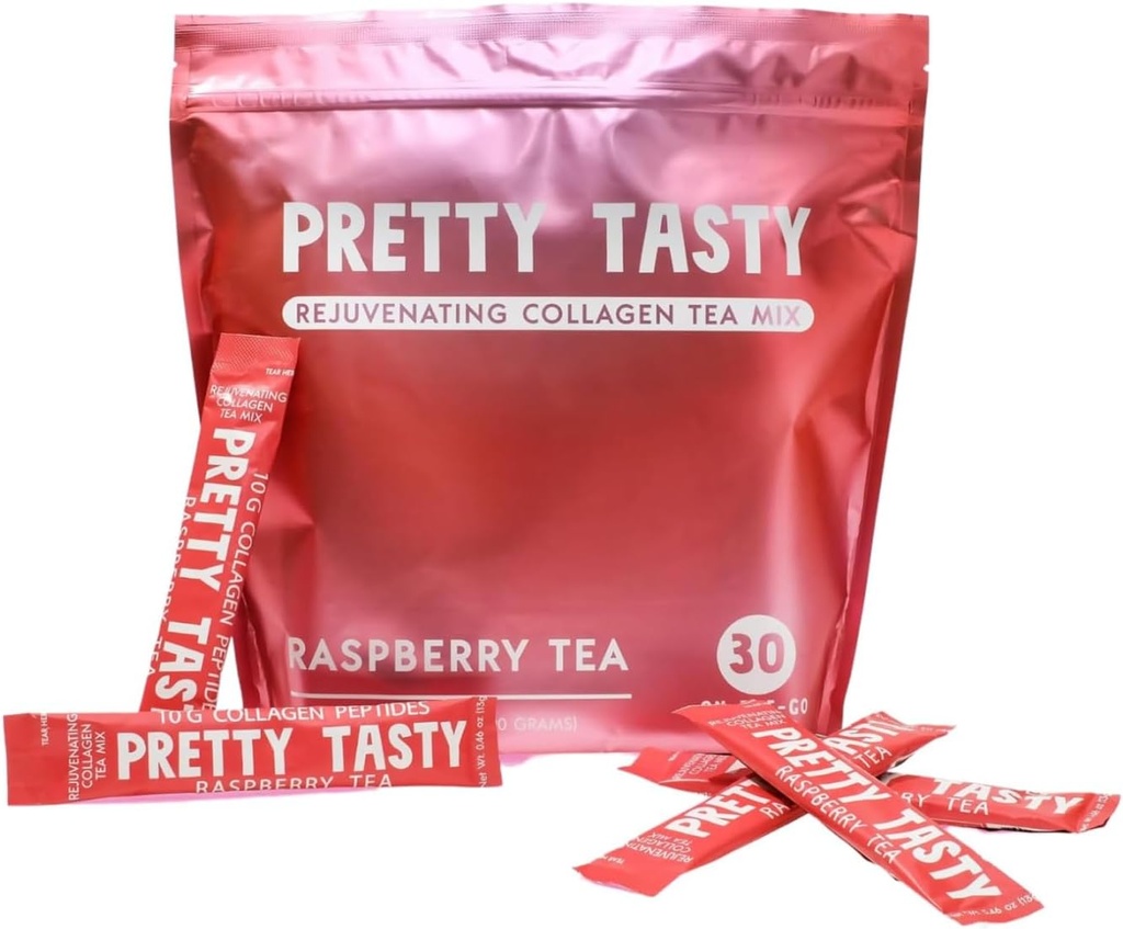 Mooie smaak Raspberry Radiance Collageen Thee - Stick Pack Pouch, Sun-Kissed Raspberry Blend, Beauty and Wellness, 10g Collageen Peptides Mix, 30 Tellen