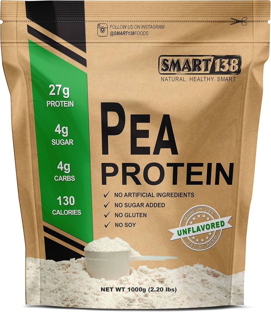100% Pure Pea Protein, Ultra Smooth Powder, Vegan, Glutenvrij, Sojavrij, Dairy-Free, Non-GMO, VS/Canada, Keto (Low Carb), Natural BCAA's (1000g / 2,2lbs, Unflavored)