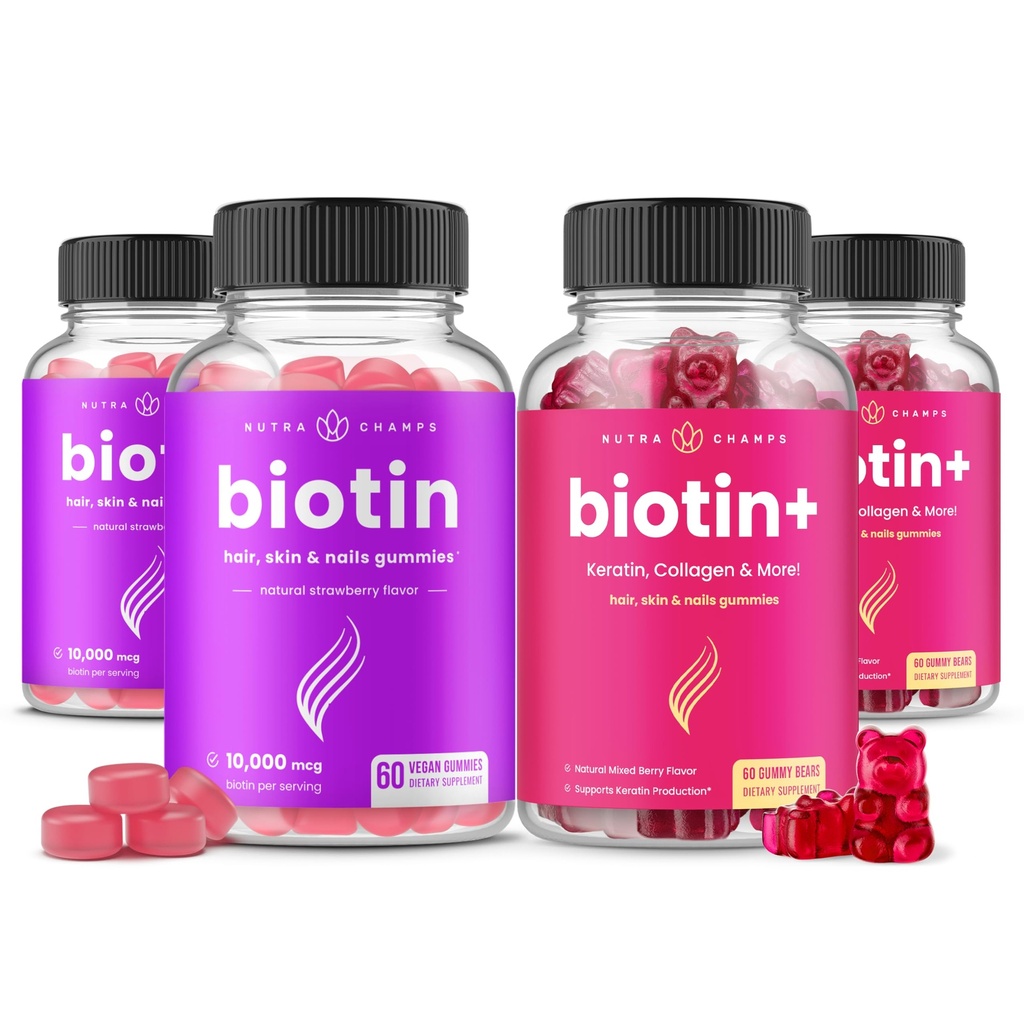 NutraChamps Biotin & Biotin+. Het complete duo voor haar, huid en nagels. Biotin, Collageen, Keratine & More