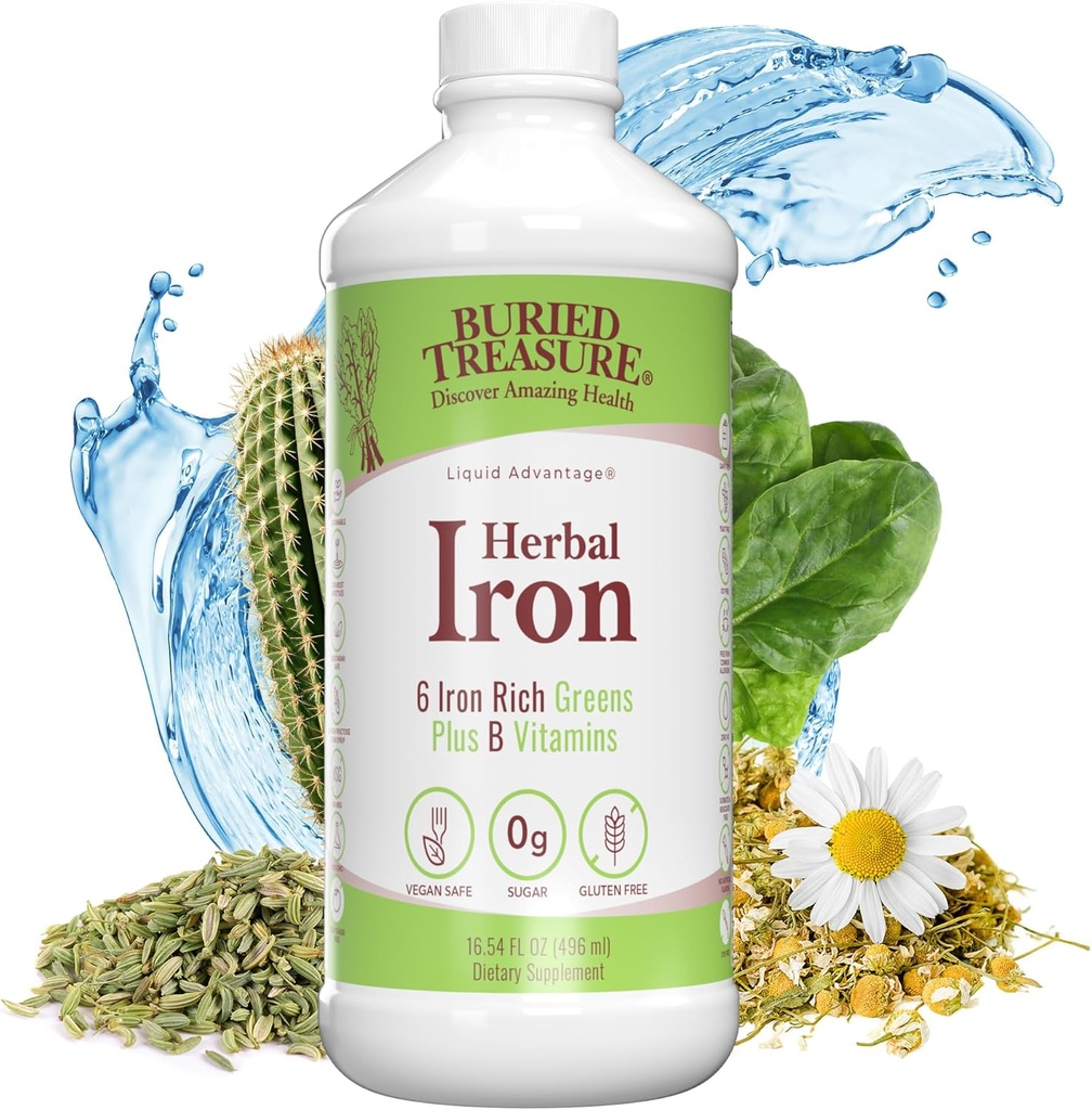 Trésor enterré Fer à base de plantes - 48 portions, supplément de fer liquide et d'herbes, vitamines complexes C et B, verts riches en fer, fer végétalien pour les hommes et les femmes