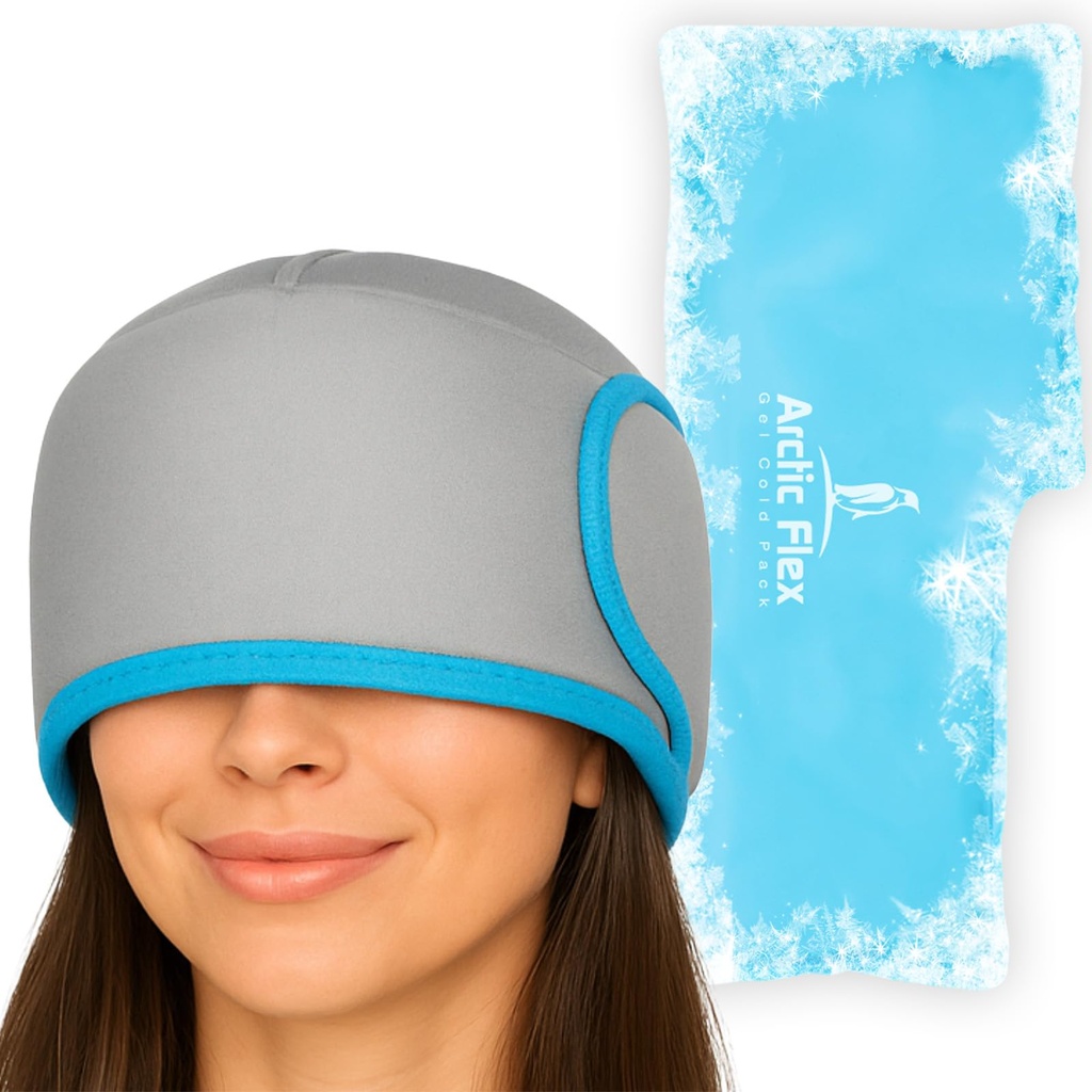 Capuchon de soulagement de la migraine Vive - Chapeau de compression chaud et froid pour les maux de tête - Bonnet d'enveloppe de glace pleine tête et masque pour les yeux pour le soulagement de la tension et de la pression - Bandeau de refroidissement - Gel souple réutilisable et flexible