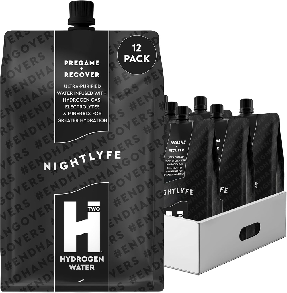 HTWO Nightlyfe Recovery, 16.9oz Premium Hydrogen Infunded Water with Electrolytes, Vitamines, and Minerals, 12-pack, Functional Hydration Packets for Recovery & Mental Clarity, Sugar Free