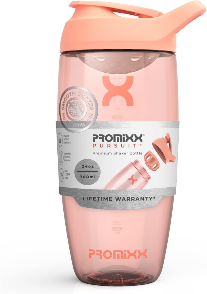 Promixx Pursuit Protein Shaker Bottle (24 oz) – Silent No-Ball Mixer, Leak-Proof Lid, BPA/BPS & Phthalate-Free ECOZEN – Easy-Clean Shaker Cup for Protein Shakes, Pre & Post-Workout Smoothies