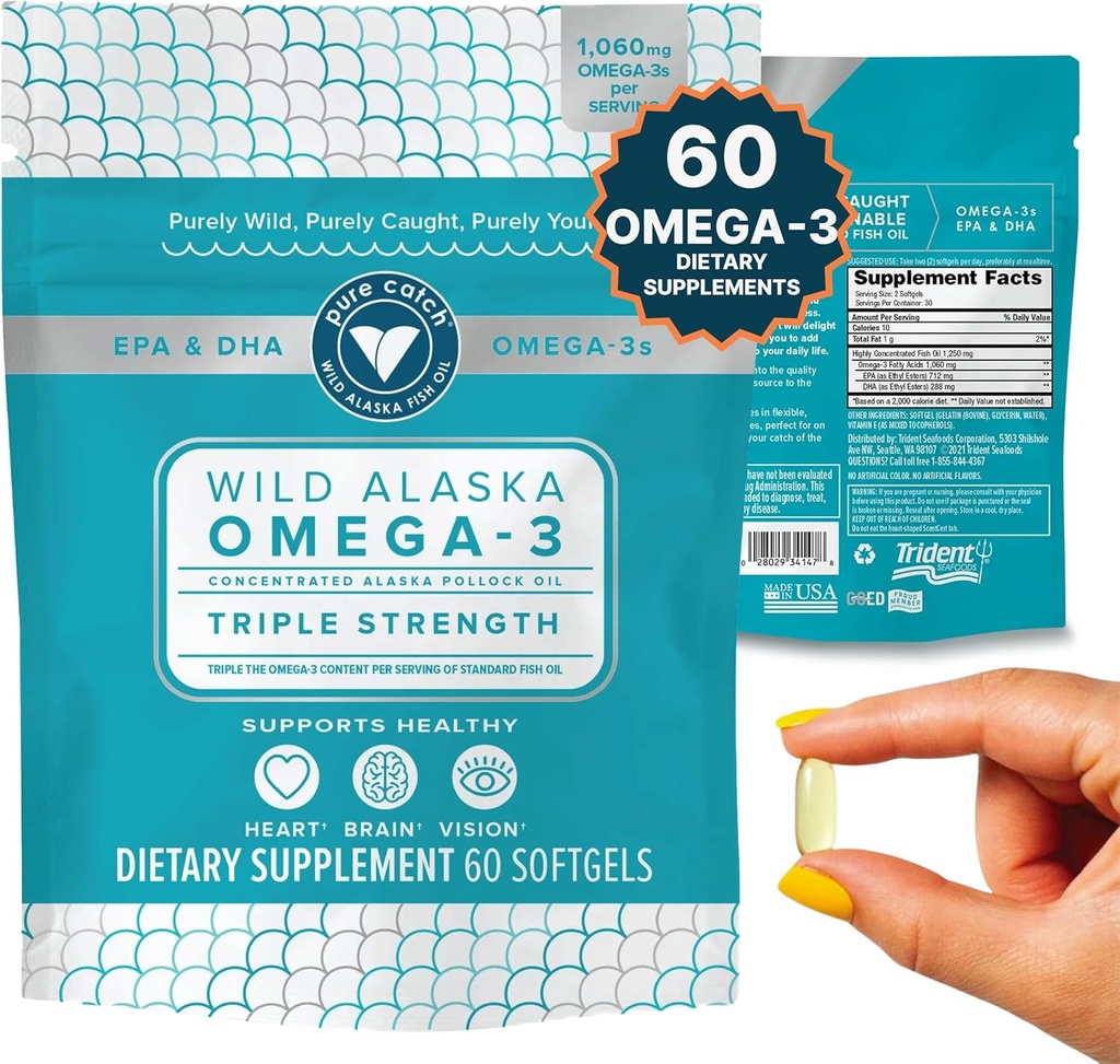 Trident Seafoods Pure Catch Wild Alaskan Fish Oil 1060mg Triple Strength Omega-3 Fish Oil Supplement voor vrouwen en mannen - EPA en DHA - 60 Ct. Dagelijkse Citrus Soft Gel ondersteunt hart, hersenen en visie