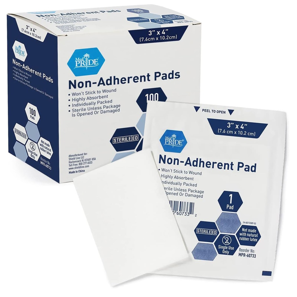 MED PRIDE Steriele Non Stick Pads voor wondverzorging en wonden, zeer absorberend, pijnloze verwijdering, individueel verpakt (3x4 Inch (pakket van 100))