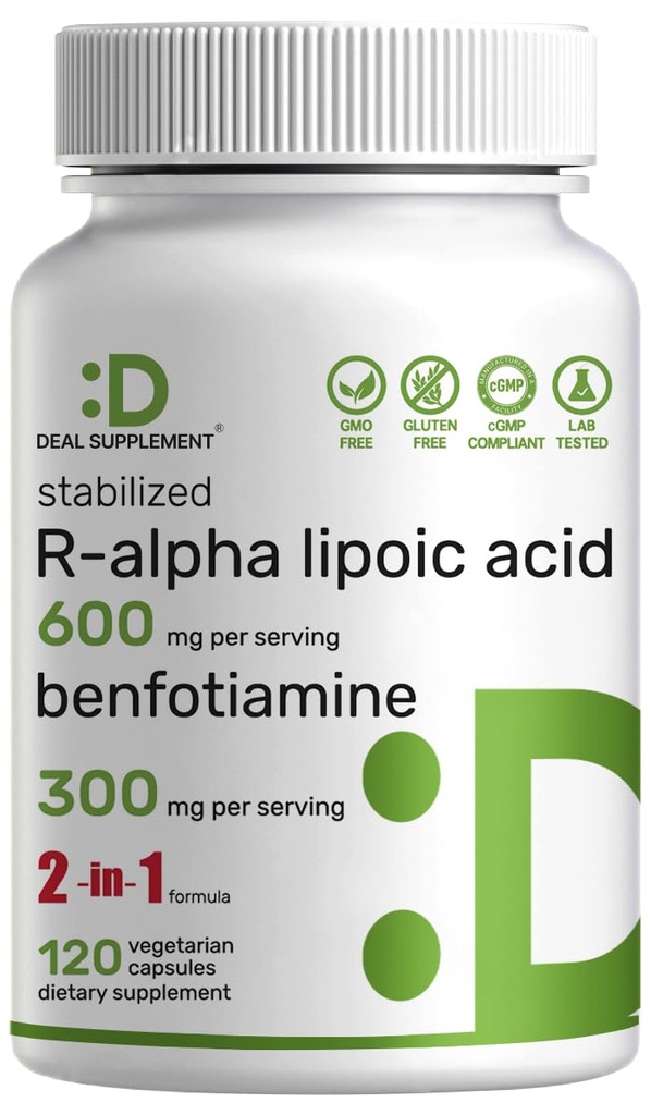 SUPPLÉMENT DE DÉAL R acide alpha lipoïque 600mg avec Benfotiamine 300mg par portion, 120 Capsules de Veggie – 200mg R-ALA par gélule – Supplément antioxydant pour le support du système nerveux et énergétique