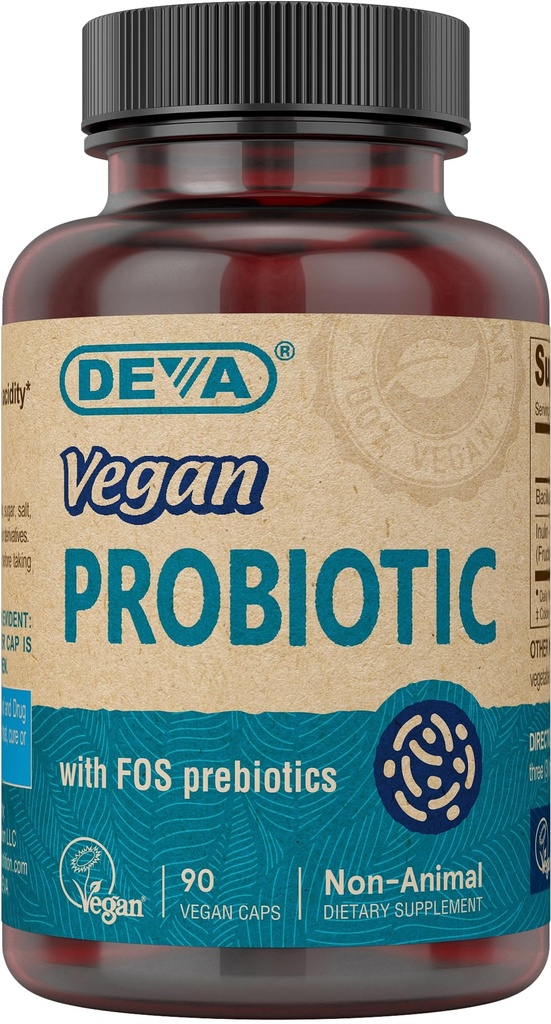DEVA Vegan Probiotic with FOS Prebiotics Supplement - 2 miljard CFU met 100 mg prebiotica per portie voor mannen en vrouwen - Non-Dairy Gluten Free - Naturally Plank Stable - 90 Capsules