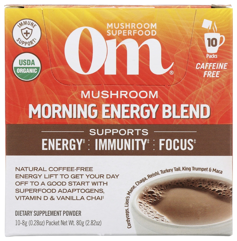 Om Mushroom Superfood Morning Energy Blend Mushroom Powder Drink, Cafe Free Energy Drink with Cordyceps, Vitamine D2, Agaricus Bisporus, Lion's Mane, Rhodiola, and Turkey Tail, 10 Comte, 2,82 Oz