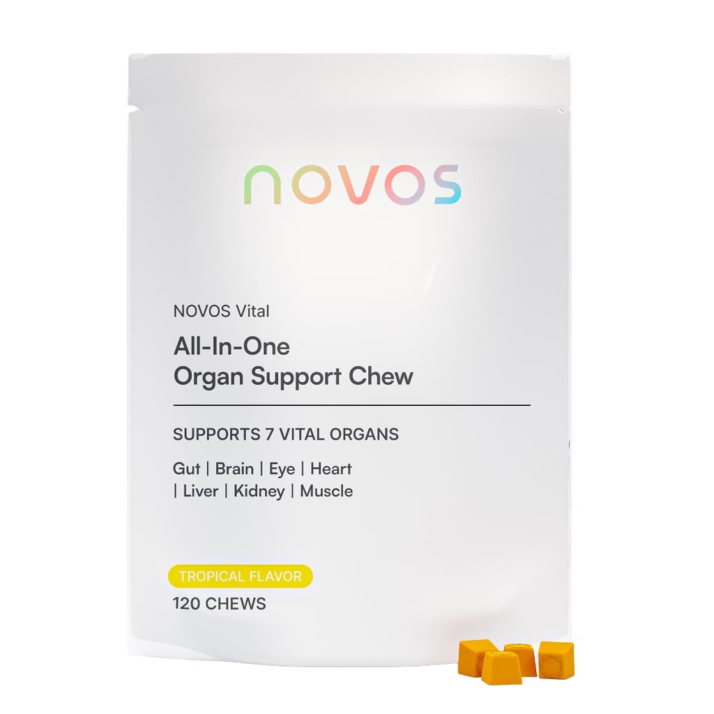 Novos Vital Nutritional Supplement Kauwen voor orgaanlever, hersenen, ogen, hart, Gut Support - Nattokinase, Luteïne, Inulin, Rutin, Tropische smaak (120 Tel.)