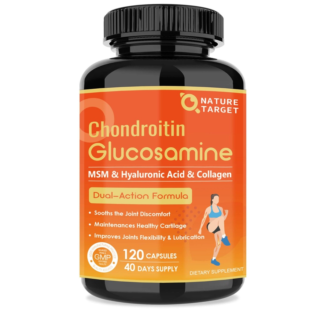 NATURE TARGET Glucosamine Chondroïtine Joint Support Supplement - Plus MSM, Collagène, Turmeric, Sans mollusques, Supports Joint, Knees, Cartilage, pour hommes et femmes, 120 Caps