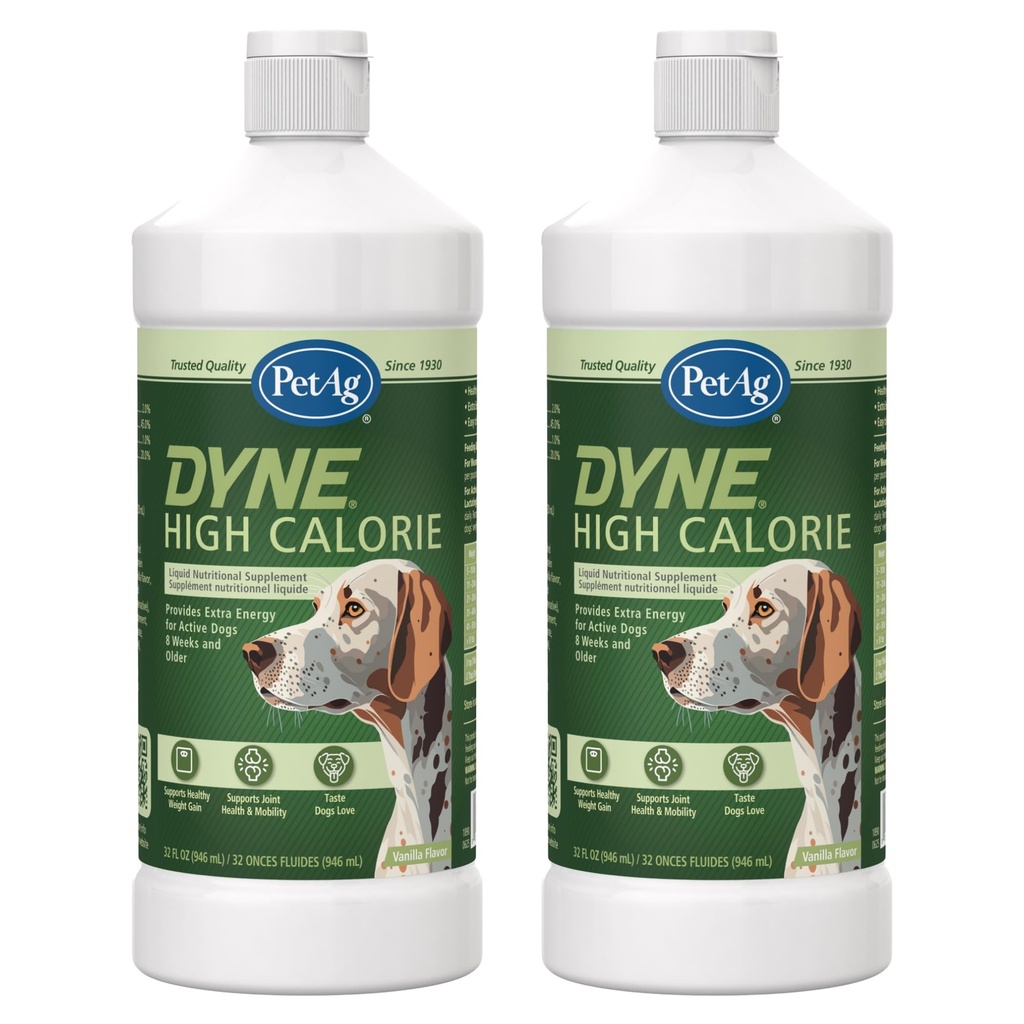 Pet-Ag Dyne High Calorie Liquid Nutritional Supplement voor honden & Puppies 8 weken en ouder - 32 oz, Pack of 2 - Ondersteunt prestaties en duurzaamheid - Sweet Vanilla smaak