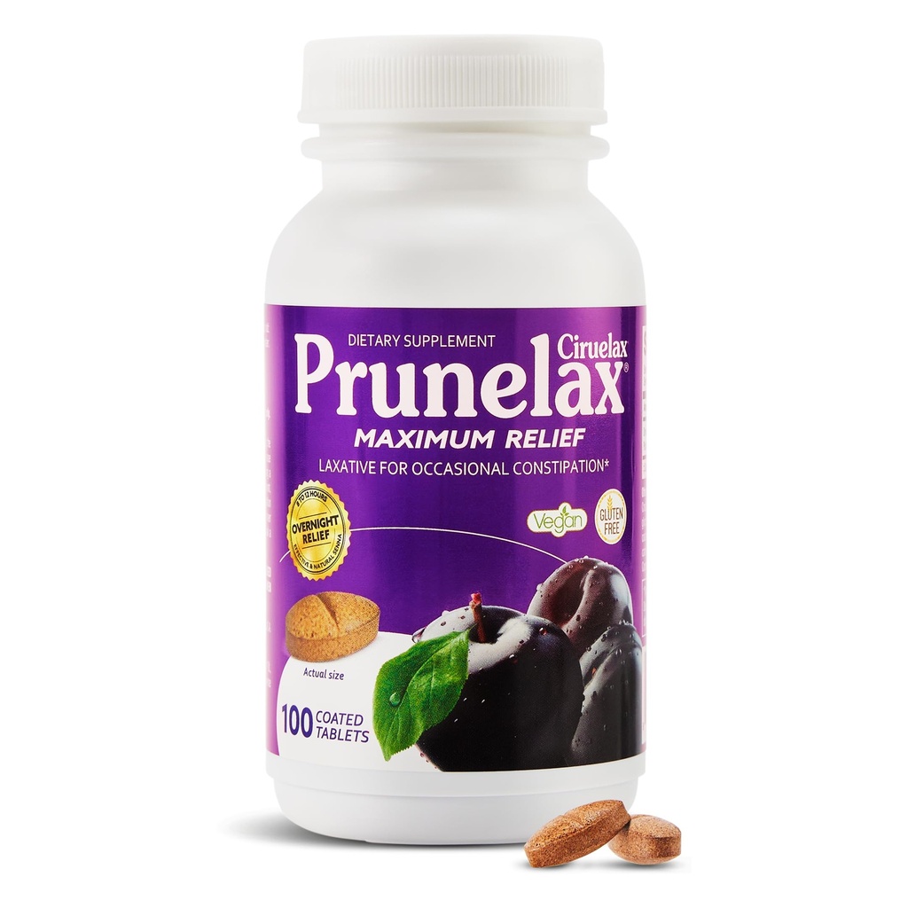Prunelax Ciruelax Comprimés Laxatifs Maximaux avec Senna Naturelle pour Constipation Occasionnelle, Extrait de Senna, Vegan & Sans Gluten, Senna doux pour la Nuit - 100ct