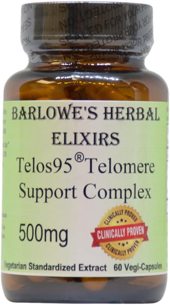 Barlowe's Herbal Elixirs Telos95® Complexe de support Telomere , Formule avancée de santé cellulaire et de longévité , 500mg avec Astragalus Extract , sans OGM, sans stéarate, en bouteille de verre