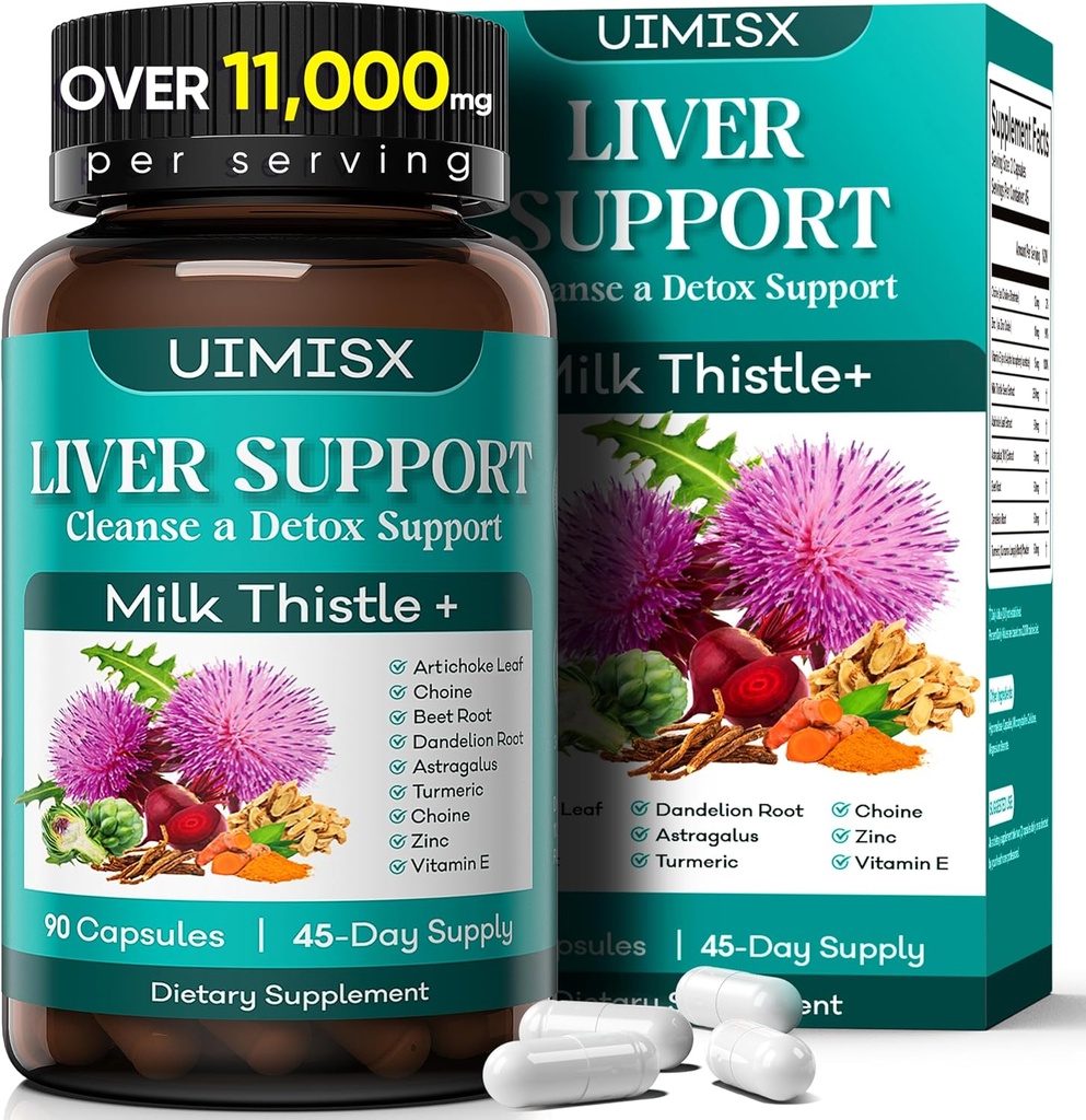 Supplément de chardon de lait - Détox du foie Formule de nettoyage du foie avec le chardon de lait, racine de dandelion, artichaut, curcuma, Astragalus pour la santé du foie, 90 capsules