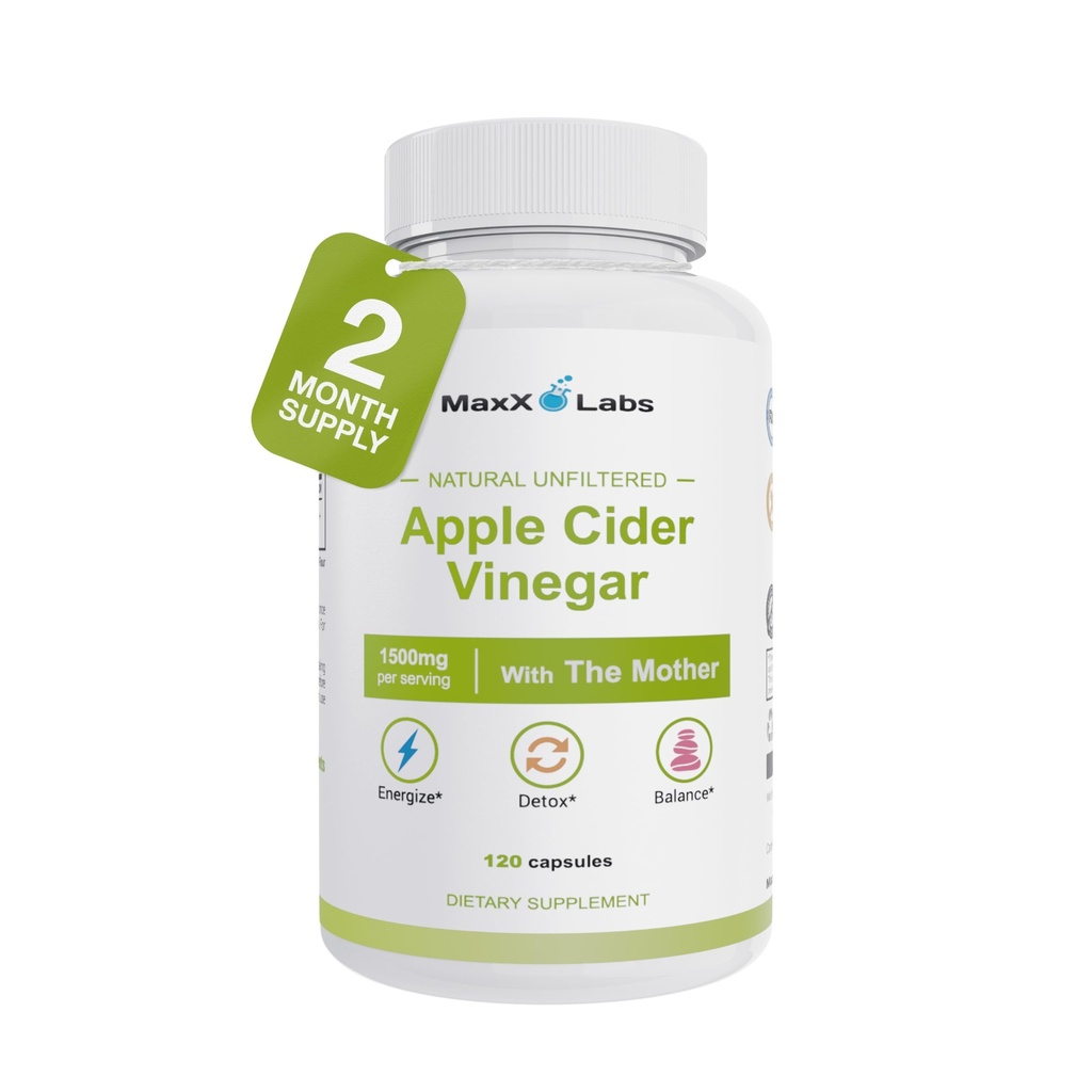 Capsules de vinaigre de cidre de pomme avec mère, 1500mg pilules de vinaigre de cidre de pomme, aide à améliorer l'énergie, soutient les efforts pour améliorer l'immunité et la digestion haute puissance, non-OGM, sans gluten - 60 jours d'approvisionnement