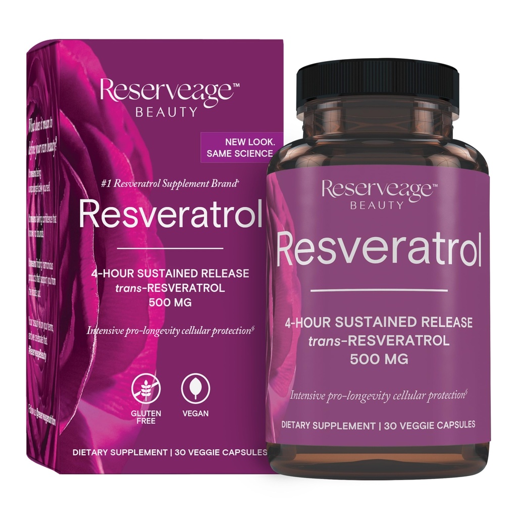 Reserveage Schoonheid, Resveratrol 500 mg, Antioxidant supplement voor hart en Cellular Health, Ondersteunt gezonde veroudering en immuunsysteem, Paleo, Keto, 30 capsules