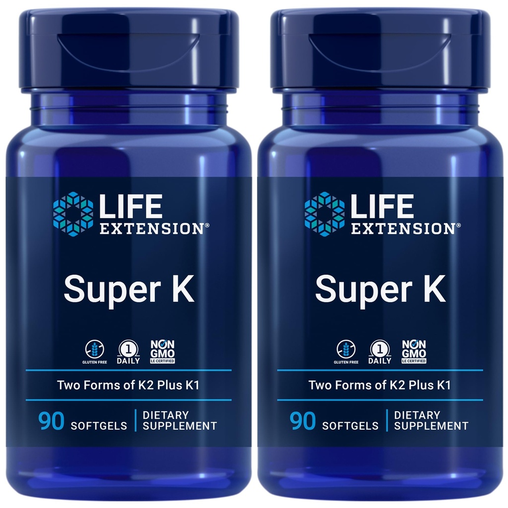 Extension de vie Super K, Vitamine K1, Vitamine K2 mk-7, Vitamine K2 mk-4, Vitamine C, Santé des os/du cœur/artère, Approvisionnement 3 mois, Sans gluten, 1 jour, Non-OGM, 90 softgels (paquet de 2)