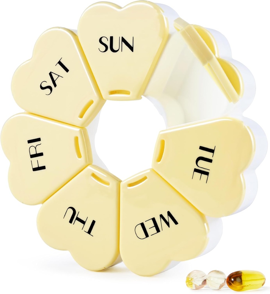 MOLN HYMY Large Weekly Pill Box 7 Day, Pill Case Organizer, Flower Pill Container Une fois par jour, distributeur de médicaments ronds pour la vitamine/huile de poisson/médication/Supplément (jaune)